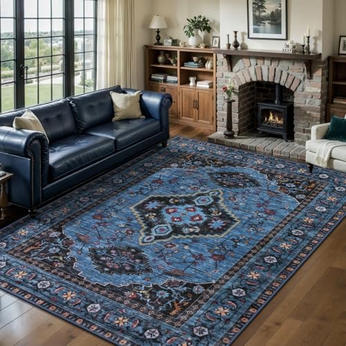 Tangsoo Blue 5x7 Washable Area Rugs for Living Room, Oriental Non Slip Rug by Tangsoo