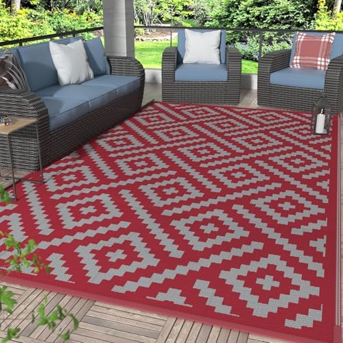 GENIMO Outdoor Rug, Waterproof Plastic Rugs for Patio, 6'x9' Red Grey - Image 2
