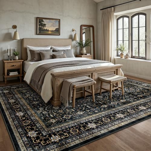 6x9 Area Rugs - Washable Vintage Retro Living Room Rug, Soft Ultra Thin Non Slip Low Pile Traditional Distressed Boho Carpet for Bedroom Dining Room Nursery Home Office, Black & Gold - Image 3