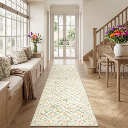 PLHXFR 2.6x10 Washable Runner Rug：Floral Indoor Kitchen Carpet Beige Multi - Image 3