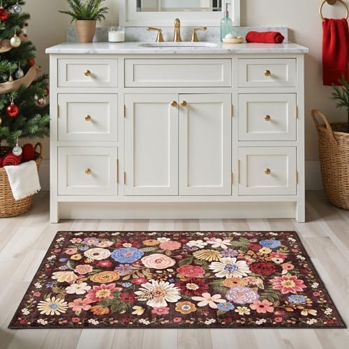Black Brown Floral Area Rug 4x6 for Bedroom Dining Room - Image 5