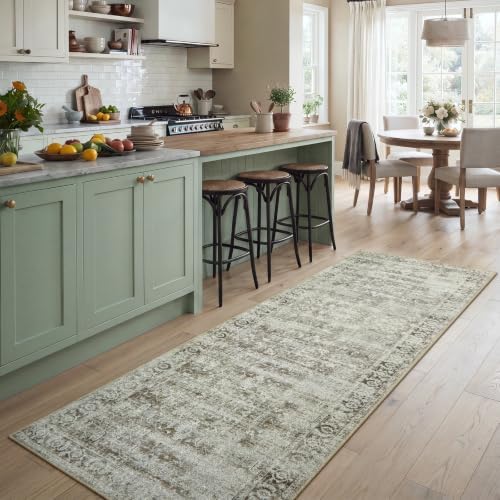 Morebes Washable Hallway Runner Rug 8ft, Brown Distressed Kitchen Runner Rugs Non Slip, Farmhouse Vintage Carpet Runner for Entryway Laundry Bathroom, Soft Bedroom Bedside Rug (2.5x8, Brown) by Morebes
