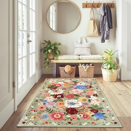 Green Floral Area Rug 3x5 for Bedroom Entryway - Image 3