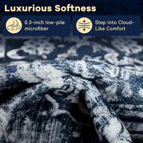 YJ.GWL Area Rugs for Living Room 6x9 Machine Washable Rugs, Non Slip Floral Vintage Rug Indoor Carpet, Stain Resistant Large Rug for Bedroom Dining Room, Navy Blue - Image 5