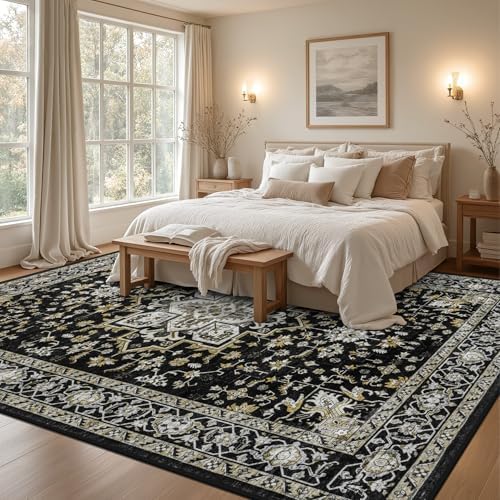 10x12 Area Rugs Living Room: Washable Rug for Bedroom Black Gold - Image 3