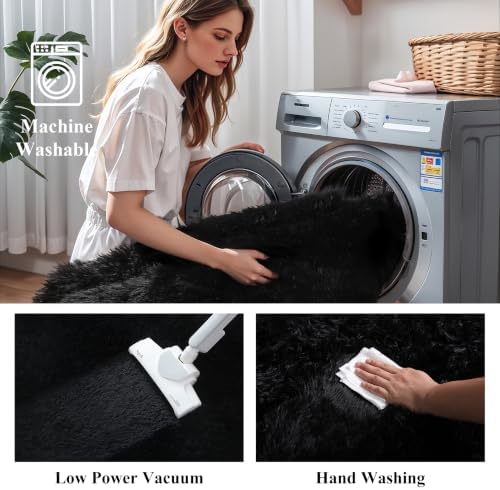 Black Fluffy Shag Rug, 2'x3', Machine Washable Non Slip Plush Floor Carpet - Image 5