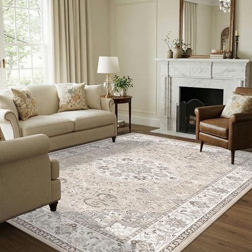 7x10 Area Rug for Living Room: Washable Neutral Vintage Large Rugs for Bedroom, Office, Dining Room, Kids Room, Farmhouse Durable Low Pile Non Slip Carpet for High Traffic Areas(7x10 Beige) - Image 4