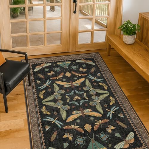 Hazo Haus Black Front Door Mat Indoor Entrance Non Slip Washable - 3x4 Throw Rug for Kitchen, Mudroom, Bedroom Bedside, Insect Boho Vintage Aesthetic Décor by HazoHaus