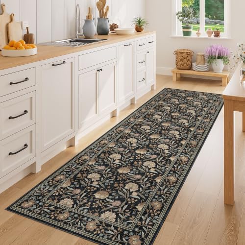 DUKINO 2x6 Runner Rug, Washable Vintage Floral Kitchen Rug, Black - Image 2