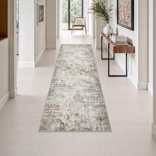 2.6x8 Washable Runner Rug：Modern Abstract Kitchen Soft Carpet Brown by FXRHLP