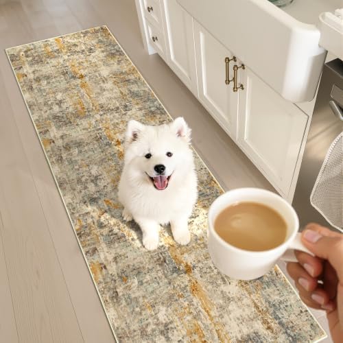 3x8 Beige Rug Runners for Hallways Kitchen Runner Rug Non Slip Washable Black Long Runner Rugs with Rubber Backing Soft Abstract Carpet Runner for Bedroom, Kitchen, Bathroom, Entryway - Image 2