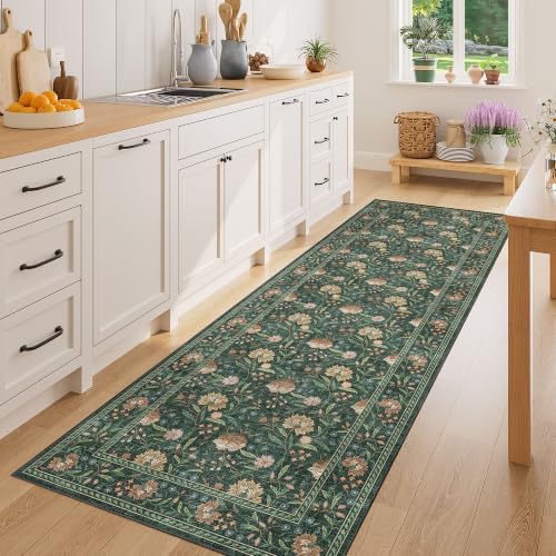 DUKINO 2x6 Runner Rug, Washable Vintage Floral Kitchen Rug, Green - Image 3