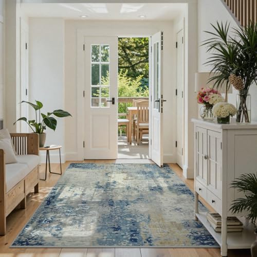 Lahome Modern Abstract Washable Area Rugs 5x7, Soft Living Room Rug Non Slip Stain Resistance, Faux Wool Floor Carpet for Bedroom Dining Room Nursery Kids Playroom,Blue/Grey by Lahome