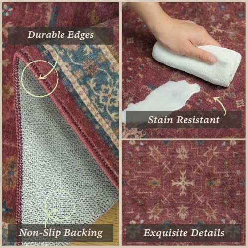JTJ Burgundy Boho 3 Piece Kitchen Rug Set, Washable Non-Slip Mats - Image 4