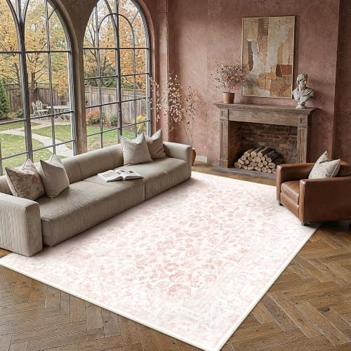 PureCozy 8x10 Pink Area Rug Washable Non Slip Large Vintage Living Room by PureCozy