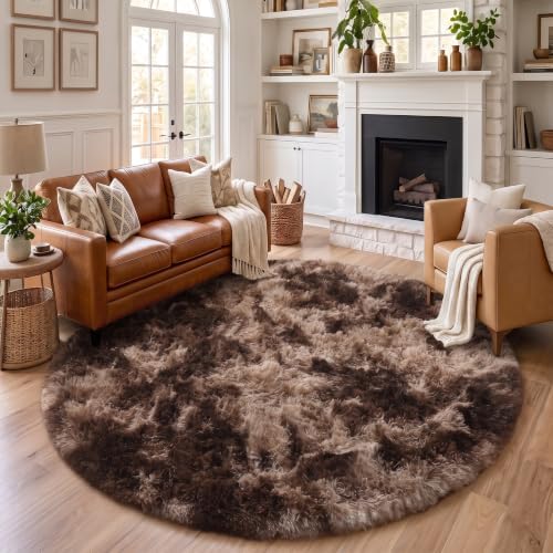 Amdrebio Brown Tan Fluffy Shag Round Circle Area Rug 4Ft for Bedroom Dorm by Amdrebio