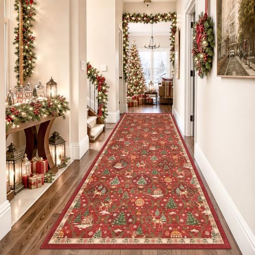 Christmas 3x8 Washable Kitchen Runner Rug, Red Non Slip Low Pile Rug - Image 4