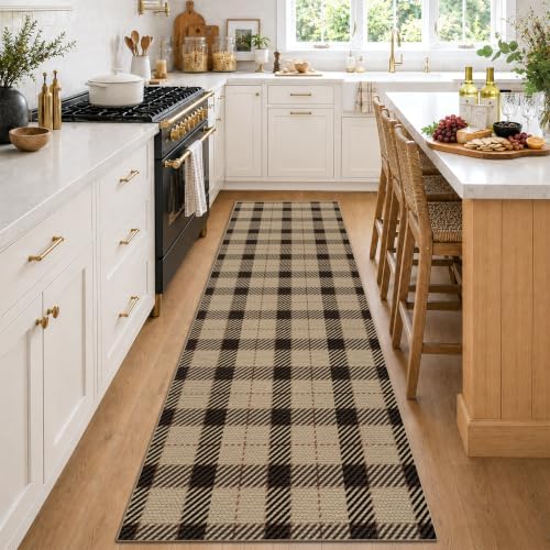JTJ Easy Jute Kitchen Runner Rug 2'6" x 8', Black & Beige Plaid by JTJ