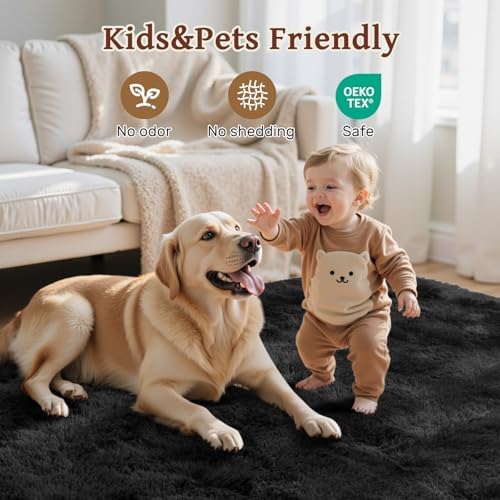 5x7 Black Area Rugs for Living Room, Large Fluffy Shag Bedroom Rugs Non-Slip, Ultra Soft Plush Carpet for Nursery Kids PlayRoom Dorm Office Indoor Modern Carpets - Image 5