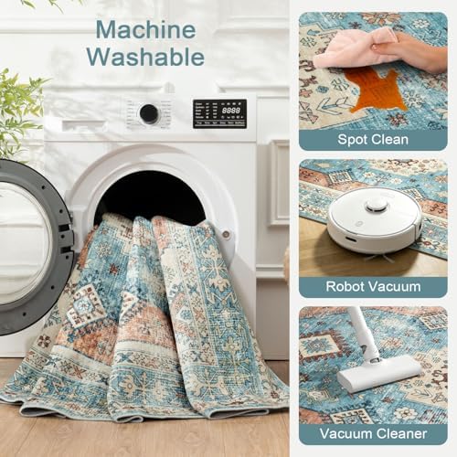 Lofus Living Room Rugs 8x10, Boho Terracotta and Blue Washable Carpet - Image 6
