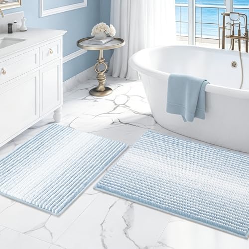 BSICPRO Bathroom Rugs Sets 2 Piece, Non Slip Striped Bath Mats, Ice Blue by BSICPRO