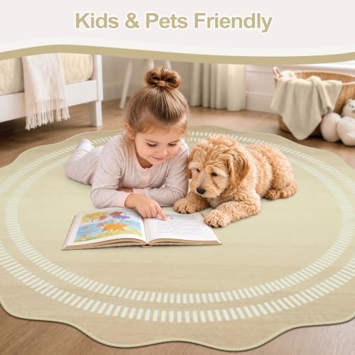 Entryway Round Rug 4ft,Washable Non Slip Neutral Ombre Scalloped Rug - Image 5