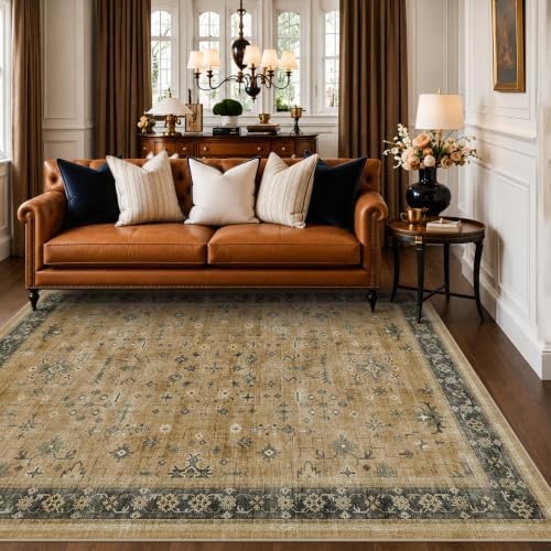 Traditional Washable 6x8 Area Rug for Living Room, Vintage Boho Dining Room Rugs for Under Table, Lightweight Foldable Low Pile Soft Carpet, Rustic Brown and Charcoal Olive Floral Design by HazoHaus