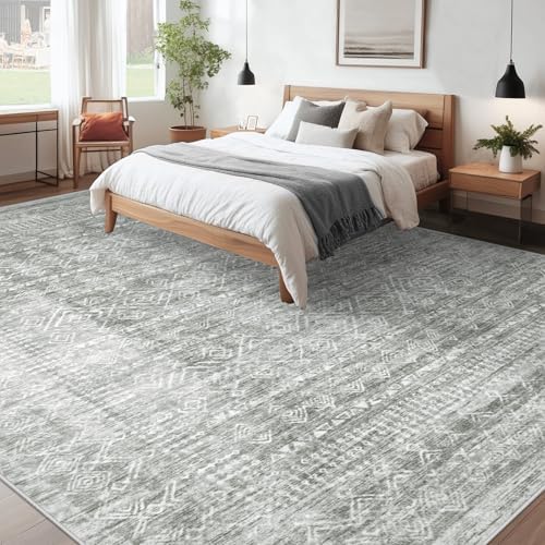 Living Room Rugs 9x12: Washable Moroccan Geometric Boho Rug Farmhouse Non Slip Stain Resistant Large Rug Low Pile Soft Carpet for Bedroom Dining Room Children Room (Grey,9'x12') - Image 2