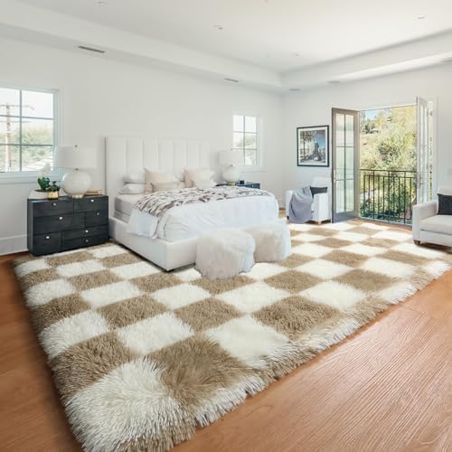 KICMOR 6x9 Rugs for Living Room Beige and Cream White, Large Big Fluffy Shag Fuzzy Checkered Area Rug Shaggy Carpets for Bedroom, Soft Plush Rug for Kids Boys Girls Dorm Nursery Playroom Home Decor - Image 6