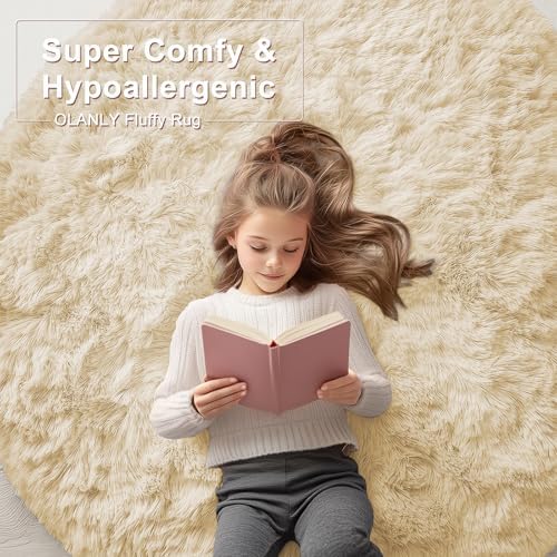 OLANLY Cream Round Rugs for Bedroom - Machine Washable, 5 ft Circle Area Rugs for Living Room, Soft and Fluffy Shaggy Carpet for Teen Girl and Boys, Nursery Rooms, Dorms, Home Decor Aesthetic - Image 6