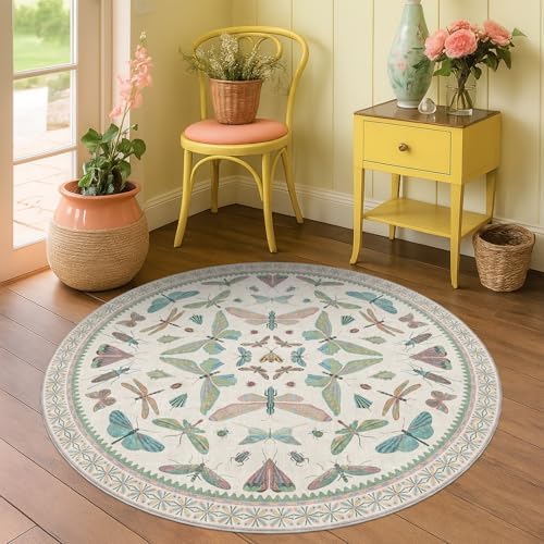 Cream Round Rugs 4ft for Living Room - Soft Washable Small Circle Throw Rugs for Kids Bedroom, Baby Nursery, Playroom, Reading Corner, Insect Stain Resistant Floor Carpet, Beige Green - Image 6
