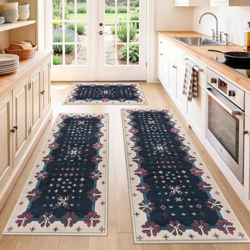 HEBE Boho Kitchen Rugs Set of 3, Non Slip Washable Kitchen Mats for Floor by HEBE
