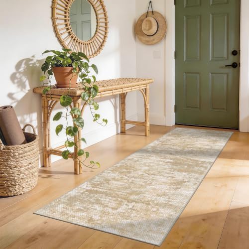 Abstract Washable Runner Rug 2x6, Hallway Rug Non-Slip, Woven Non-Shedding Thin Runners for Entryway, Kitchen, Laundry Room, Beige&Yellow by TTelephant