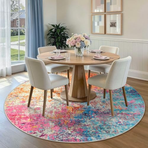 Rugflix Washable 6ft Round Area Rug, Rainbow Abstract Rug for Bedroom - Image 2