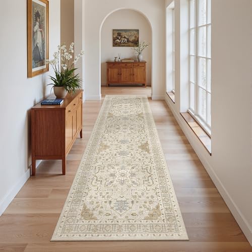 Madane Kitchen Runner Rug 2x7 with Rubber Backing Non Slip, Beige/Blue - Image 3