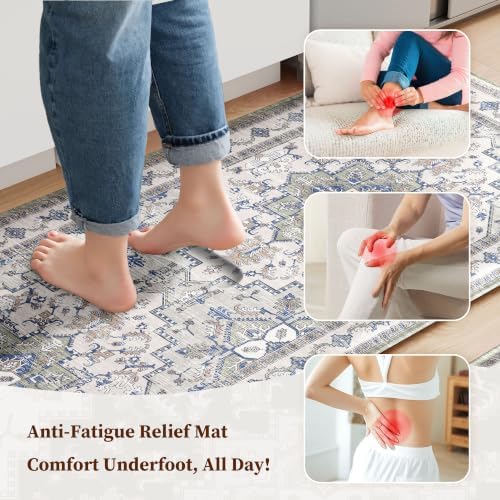 Boho Kitchen Mats for Floor 2PC Anti Fatigue Kitchen Rugs, Blue Grey - Image 3