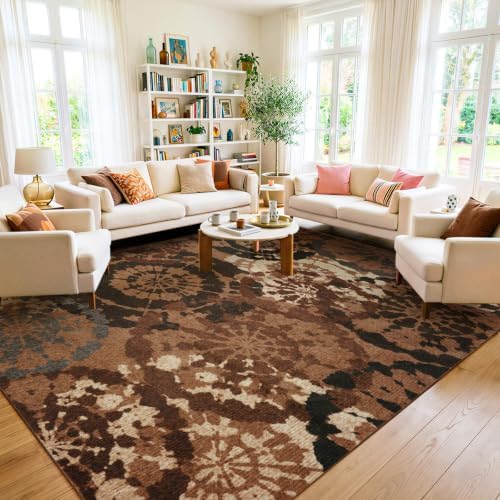 Large Boho Modern 9x12 Area Rug, Rust & Taupe Low-Pile Washable Rug - Image 6