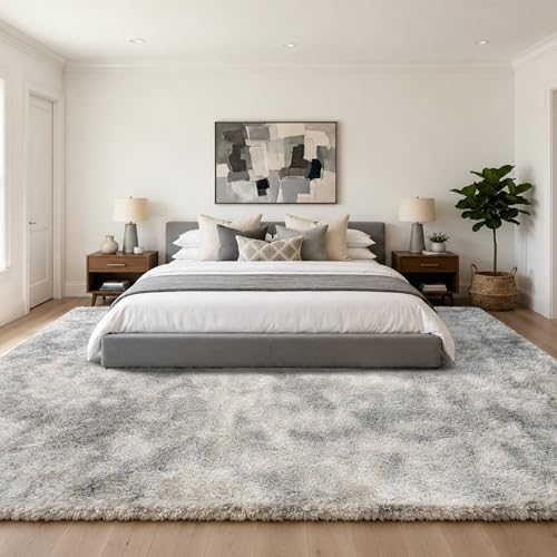 8x10 Ft Tie-Dyed Grey Fluffy Area Rug for Living Room, Washable - Image 2