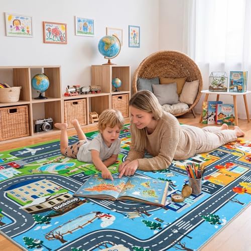 Car Rug Play Mat for Kids Toy Cars, 8' x 10' City Road Town Track Area Rug - Image 3