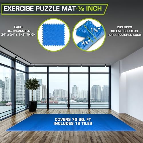 ProsourceFit Exercise Puzzle Mat 1/2-inch, EVA Interlocking Foam Floor Tiles for Home Gym, Workout Equipment, Kids Play Areas, Blue, 72 SQ FT - 18 Tiles - Image 2