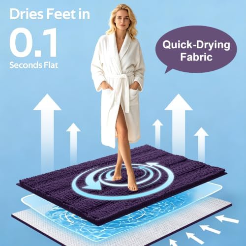 Striped Eggplant Purple Bathroom Rug Set 3 Pieces Ultra Soft, Non Slip Chenille Bath Carpet, Absorbent Plush Shaggy Bath Mats for Bathroom, Toilet, Bedroom, Kitchen - Image 3