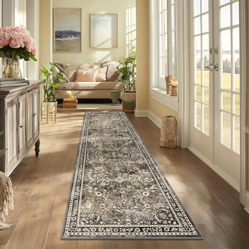 Yamaziot 2x8 Washable Hallway Runner Rug Non Slip Floral Carpet, Tan - Image 2