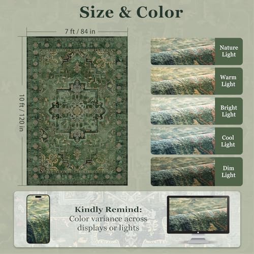 Dark Green 7x10 Living Room Rug, Vintafe Distressed Medallion Area Rug for Bedroom Dining Room, Washable Non Slip Thin Carpet Rugs for Bedroom Under Bed Home Office - Image 2