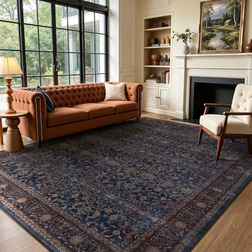 Washable Area Rug 8x10 for Living Room, Vintage Old Money, Dark Blue by Jainmy