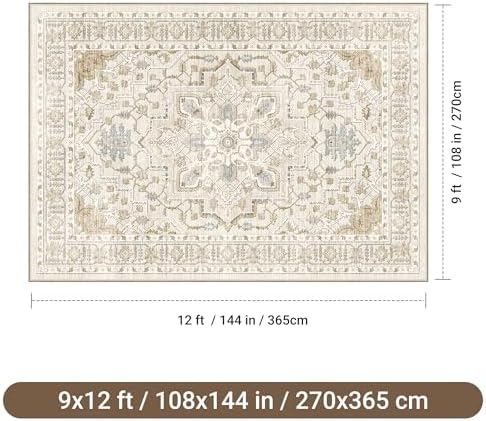 befbee 9x12 Area Rugs for Living Room, Washable Vintage Non Slip Rug Beige - Image 2
