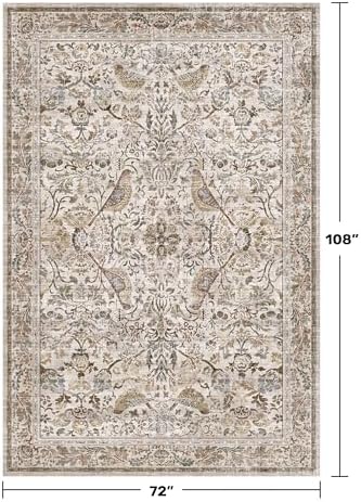 Moss Washable Dining Room Rug, 6x9 Floral Area Rug for Living Room, Boho Farmhouse Décor Low Pile Soft Bedroom Carpet, Brown Taupe Home Décor, Non Slip & Stain Resistant - Image 2