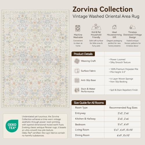 SparkleGaze Vintage White Ivory Beige Floral Living Room Rug, 8x10 Washable Area Rugs for Dining Room Under Kitchen Table, Bedroom, Farmhouse Ultra Soft Low Pile Stain Resistant Non-Slip Large Carpet - Image 2