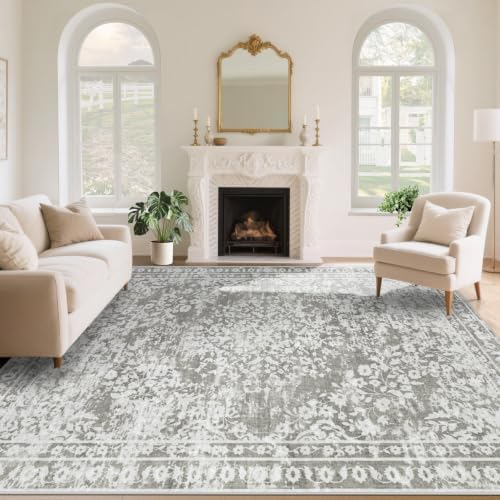 Vintage Living Room Area Rug - 9x12 Large Machine Washable Boho Area Rug Distressed Floral Rugs for Bedroom, Soft Non-Slip Indoor Floor Accent Rugs for Office Dining Room (Floral Grey, 9'x12') by AOYAOMI