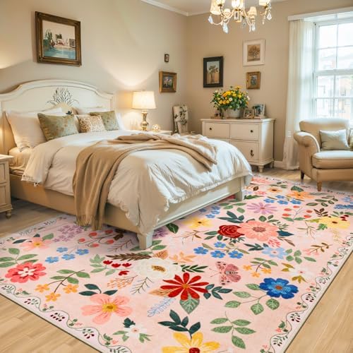 PLHXFR Area Rug Living Room: 5x7 Floral Washable Boho Soft Carpet Beige - Image 3