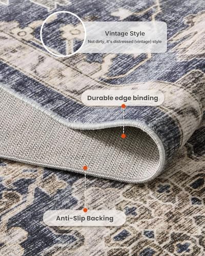 Amada 8x10 Washable Area Rug for Living Room, Blue/Brown, Vintage Pattern - Image 6